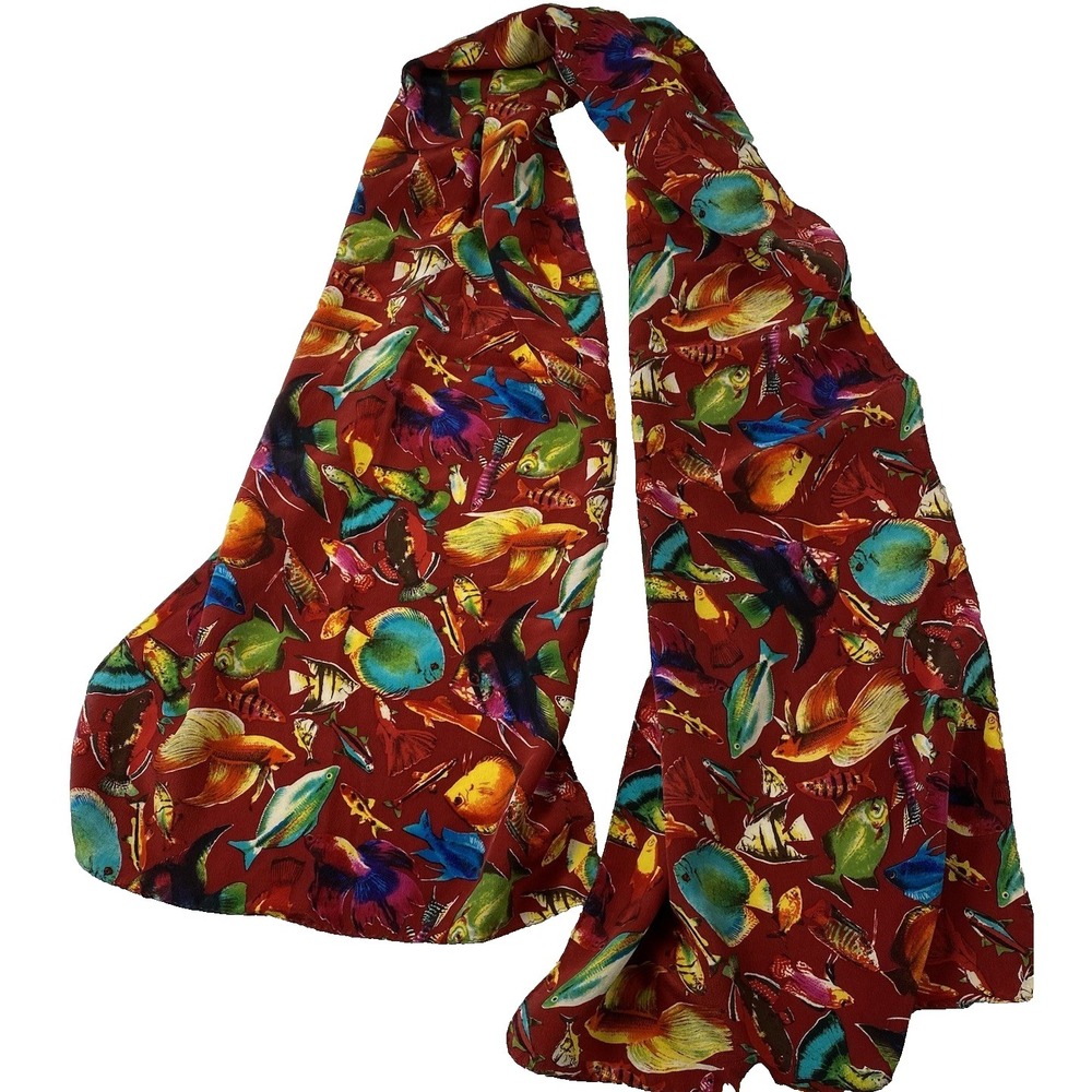Casca‎ Scarf 100% Silk Red Maroon Burgundy Tropical Fish Print RN64135